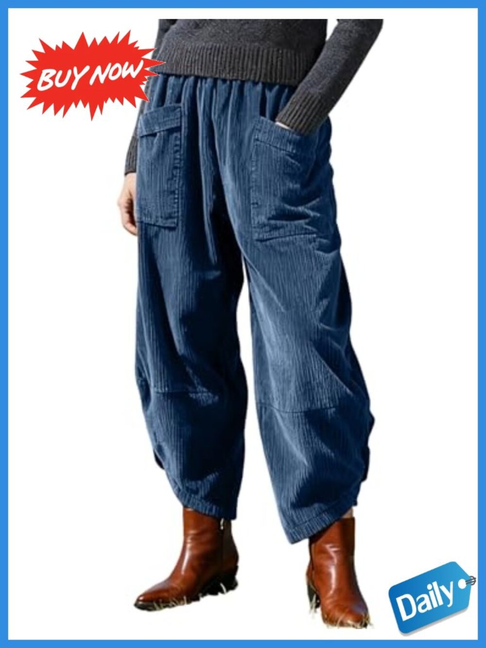 Corduroy Harem Pants Elastic Waist Cargo Trousers Relaxed Fit